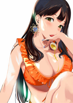 1girl amami_mayumu bikini black_hair blue_nails breasts cleavage commentary_request earrings front-tie_bikini_top front-tie_top gaming_harem jewelry large_breasts long_hair looking_at_viewer orange_bikini pouring pouring_onto_self sasamori_tomoe simple_background solo swimsuit white_background