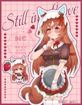 1girl absurdres animal_ears blush bow breasts brown_hair brown_shirt brown_skirt character_name chibi closed_mouth coco's commentary_request ear_covers ear_ribbon food fork fruit giant_fork hair_between_eyes hair_ornament heart highres holding holding_fork holding_tray horse_ears horse_girl horse_tail long_hair looking_at_viewer mogi_(xw0_mogi_) name_tag parted_lips red_bow red_eyes red_ribbon ribbon shirt skirt small_breasts smile still_in_love_(umamusume) strawberry tail thighhighs tray umamusume veil white_streaks white_thighhighs white_veil white_wrist_cuffs wrist_cuffs
