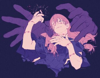 1boy commentary hair_between_eyes heterochromia highres jujutsu_kaisen long_hair mahito_(jujutsu_kaisen) mim_(mimya0600) signature solo stitched_arm stitched_face stitched_neck stitched_wrist stitches