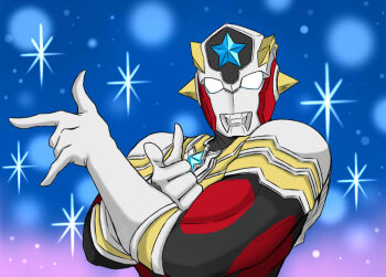 1boy \m/ alien armor bishoujo_senshi_sailor_moon black_skin blue_background breastplate color_timer colored_skin commentary compound_eyes giant giant_male glowing glowing_eyes gradient_background hands_up index_finger_raised jacket looking_at_viewer mafuyu_tora male_focus multicolored_jacket muscular muscular_male no_pupils parody pose_imitation purple_background red_skin shoulder_armor silver_skin solo sparkle sparkle_background star_(symbol) taiga_spark tokusatsu tsuki_ni_kawatte_oshioki_yo two-tone_background ultra_series ultraman_taiga_(series) ultraman_titas upper_body white_eyes