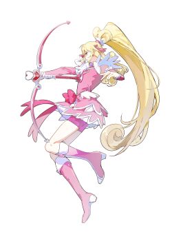 Rule 34 | 1girl, absurdres, aida mana, bike shorts, bike shorts under skirt, blonde hair, boots, bow, bow (weapon), commentary request, cure heart, curly hair, detached sleeves, dokidoki! precure, dress, full body, hair ornament, half updo, heart, heart hair ornament, highres, holding, holding bow (weapon), holding weapon, knee boots, layered dress, long hair, looking to the side, love heart arrow (dokidoki! precure), magical girl, morgue (southsakura), pink boots, pink bow, pink dress, pink shorts, pink sleeves, precure, short dress, shorts, simple background, solo, waist bow, weapon, white background
