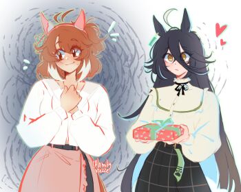 Rule 34 | 2girls, absurdres, ahoge, animal ears, black hair, black ribbon, black skirt, blush, bow, box, breasts, brown eyes, brown hair, calamity brezze, casual, checkered ribbon, closed mouth, dantsu flame (casual) (umamusume), dantsu flame (umamusume), ear covers, ear ribbon, earrings, frilled shirt, frills, gift, gift box, hair between eyes, hairband, heart, highres, holding, holding box, horse ears, horse girl, horse tail, jacket, jewelry, long bangs, long hair, long hair between eyes, long sleeves, looking at viewer, manhattan cafe (casual) (umamusume), manhattan cafe (umamusume), multicolored hair, multiple girls, neck ribbon, pink hairband, ribbon, shirt, single earring, skirt, smile, sweat, tail, umamusume, very long hair, white hair, white jacket, white streaks, yellow eyes, yellow shirt