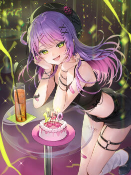 1girl absurdres alternate_costume bandaid bandaid_on_arm beret black_camisole black_hat black_shorts blush bracelet camisole commentary_request crossed_bandaids cup drinking_glass drinking_straw elbow_rest glass_table green_eyes hair_rings hat head_rest highres hololive jewelry leg_tattoo long_hair looking_at_viewer midriff multiple_bracelets o-ring o-ring_thigh_strap open_mouth purple_hair round_table runlan_0329 shorts single_hair_ring smile solo spaghetti_strap table tattoo thigh_strap tokoyami_towa virtual_youtuber