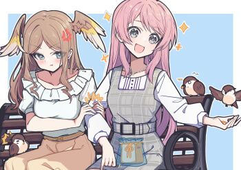 Rule 34 | 2girls, absurdres, anger vein, bang dream!, bang dream! it's mygo!!!!!, bench, bird, blue background, blush, border, bread, breasts, brown hair, brown skirt, chihaya anon, chinese commentary, closed mouth, commentary request, commission, dress, fang, feeding animal, food, grabbing another's arm, grey dress, grey eyes, head wings, highres, jealous, long hair, medium breasts, multiple girls, nagasaki soyo, outline, outside border, pink hair, plaid clothes, plaid dress, pout, second-party source, shirt, short sleeves, sitting, skirt, sparkle, white border, white outline, white shirt, wings, zhong xiansheng