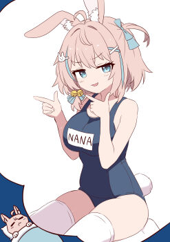 1girl absurdres ahoge alternate_breast_size_(larger) animal_ear_fluff animal_ears ayana_nana bell blue_eyes blue_ribbon breasts commentary_request dreaming hair_bell hair_ornament hair_ribbon highres large_breasts looking_at_viewer medium_hair name_tag pink_hair project-sp rabbit_ears rabbit_hair_ornament rabbit_tail ribbon school_swimsuit sleeping swimsuit tail thighhighs thighs virtual_youtuber white_thighhighs wucandan_de_gangtanke x_hair_ornament