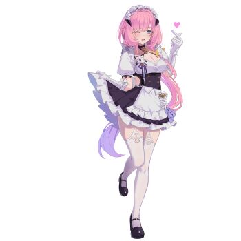 1girl ;o absurdres apron black_dress black_horns black_shoes blue_eyes breasts butterfly_hair_ornament cleavage commentary_request dress elf elysia_(honkai_impact) elysia_(miss_pink)_(honkai_impact) elysia_(miss_pink_elf)_(honkai_impact) fake_horns full_body gloves hair_ornament highres honkai_(series) honkai_impact_3rd horns kuwahara_taiki large_breasts long_hair looking_at_viewer maid maid_apron maid_headdress official_alternate_costume one_eye_closed pink_hair pointy_ears puffy_short_sleeves puffy_sleeves shoes short_sleeves solo thighhighs thighs transparent_background very_long_hair white_apron white_gloves white_thighhighs zettai_ryouiki