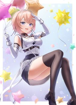 1girl balloon bare_shoulders black_collar black_skirt black_thighhighs blonde_hair blue_eyes breasts campanella_(vtuber) collar commentary_request commission detached_collar elbow_gloves gloves hand_up headpiece highres indie_virtual_youtuber layered_skirt medium_breasts open_mouth second-party_source shirt short_hair skeb_commission skirt solasuna solo star_balloon thighhighs underbust virtual_youtuber white_gloves white_shirt wrist_cuffs zettai_ryouiki