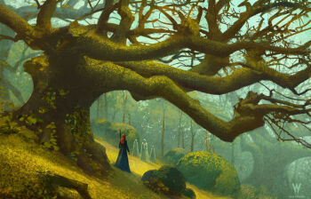 Rule 34 | 4girls, artist name, bare tree, bush, cloak, cloud, cloudy sky, commentary, dress, english commentary, facing viewer, forest, from behind, grass, green dress, highres, holding, holding staff, hood, hooded cloak, landscape, leaf, moss, multiple girls, nature, original, outdoors, painterly, raja nandepu, red hair, scenery, sky, staff, tree, white cloak