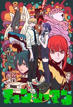 4girls 6+boys androgynous angel_devil_(chainsaw_man) angel_wings bare_shoulders beam_(chainsaw_man) black_choker black_hair black_jacket black_necktie black_pants black_shorts black_suit black_thighhighs blonde_hair breasts brown_hair car chainsaw_devil chainsaw_man choker collared_shirt copyright_name demon_horns denji_(chainsaw_man) flower_in_pocket formal_clothes hair_between_eyes hair_bun halo hayakawa_aki higashiyama_kobeni highres hood hood_up horns jacket kishibe_(chainsaw_man) loafers long_hair makima_(chainsaw_man) medium_breasts motor_vehicle multiple_boys multiple_girls necktie open_mouth pants parted_bangs power_(chainsaw_man) purple_hair red_hair reze_(chainsaw_man) ringed_eyes shark sharp_teeth shirt shoes short_hair shorts sidelocks sleeveless sleeveless_shirt sleeves_rolled_up sneakers suit suit_jacket sweatdrop takeuchi_ryousuke teeth thighhighs tongue tongue_out violence_fiend_(chainsaw_man) white_shirt white_shoes wings