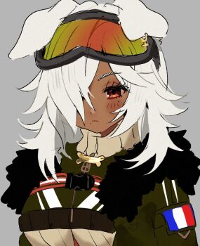 1girl animal_ears blush bone cheshirette commentary dark-skinned_female dark_skin dog_ears dog_girl english_commentary french_flag goggles goggles_on_head green_jacket grey_background hair_over_one_eye jacket long_hair original portrait red_eyes simple_background sketch solo upper_body venus_symbol white_hair yvette_(ilion)