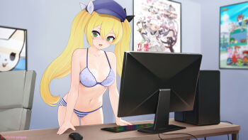 1girl :d artist_name blonde_hair blue_bra blue_hat blue_panties blurry blurry_background bra cameltoe chair computer computer_keyboard computer_mouse computer_tower cowboy_shot dokibird dokibird_(retro_doki) eroneko_senpai green_eyes hat highres indie_virtual_youtuber indoors looking_at_viewer monitor navel open_mouth panties poster_(object) smile solo standing striped_clothes striped_panties table twintails underwear underwear_only virtual_youtuber