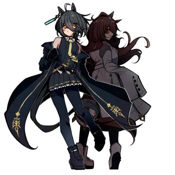 2girls agnes_tachyon_(tach-nology)_(umamusume) agnes_tachyon_(umamusume) ahoge alternate_hair_length alternate_hairstyle animal_ears bare_shoulders belt black_belt black_boots black_coat black_gloves black_hair black_pantyhose black_skirt boots brown_hair chemical_structure closed_mouth coat collared_shirt commentary_request earrings gloves hair_between_eyes highres horse_ears horse_girl horse_tail jewelry kawamochi_(kawauti919) lab_coat long_bangs long_hair looking_at_viewer looking_back manhattan_cafe_(creeping_black)_(umamusume) manhattan_cafe_(umamusume) medium_hair multiple_girls necktie pantyhose red_eyes shirt simple_background single_earring skirt sleeveless sleeveless_shirt sleeves_past_fingers sleeves_past_wrists tail thighband_pantyhose umamusume white_background white_coat wolf_cut yellow_eyes yellow_necktie zipper