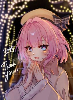 1girl 2025 alternate_costume beret blue_eyes commentary_request cyrene_(honkai:_star_rail) cyrene_(philia093)_(honkai:_star_rail) english_text hat highres honkai:_star_rail honkai_(series) looking_at_viewer multicolored_hair night open_mouth pamo_paru pink_hair pink_sweater short_hair solo sweater thank_you two-tone_hair white_hair