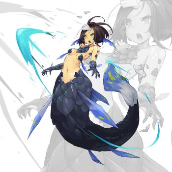 1girl absurdres antenna_hair armpit_crease bare_shoulders black_scales black_tail body_fins breasts bridgeless_bra brown_hair commentary_request different_zoom_layer fins green_eyes hair_ornament head_fins highres long_sidelocks looking_at_viewer mermaid monster_girl navel open_mouth organic_bra original seashell shell shell_hair_ornament shitoi_(aqua1487) sidelocks small_breasts solo webbed_hands white_background zoom_layer