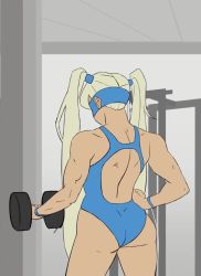 1girl animated ass back_cutout blonde_hair blue_leotard capcom clothing_cutout cowboy_shot diepod domino_mask dumbbell exercising eye_mask from_behind hand_on_own_hip leotard mask muscular muscular_female rainbow_mika solo sound standing street_fighter twintails video weightlifting