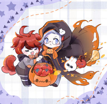 2boys :&lt; :d ahoge animal_ears animalization aotsuki_eito black_cloak black_gloves black_streaks bow bowtie broom broom_riding bucket chibi chibi_only chinese_commentary cloak closed_eyes commentary commentary_request dog_boy dog_ears dog_tail english_commentary fang foodification glasses gloves grey_hair grey_jacket halloween halloween_bucket halloween_costume highres holding holding_bucket jacket kemonomimi_mode looking_at_viewer male_focus mixed-language_commentary multicolored_hair multiple_boys open_mouth orange_bow orange_bowtie person_and_animalization purple_background purple_eyes rabbit red_hair scythe short_hair smile streaked_hair sumino_takumi sunglasses tail the_hundred_line_-last_defense_academy- tomato trade-wind white_background
