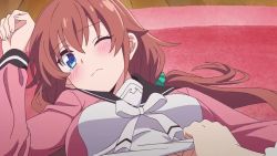 2girls animated assisted_exposure black_sailor_collar blue_eyes blush bouncing_breasts bow bra bra_lift breasts brown_hair closed_eyes clothes_lift forced frey_(megami-ryou_no_ryoubo-kun) jacket kouroya_sutea long_hair long_sleeves low_twintails lying medium_breasts megami-ryou_no_ryoubo-kun multicolored_jacket multiple_girls on_floor one_breast_out one_eye_closed open_mouth pink_bra pink_jacket sailor_collar school_uniform serafuku sharp_teeth shirt shirt_lift sound teeth twintails two-tone_jacket underboob underwear undressing video white_bow white_jacket white_shirt