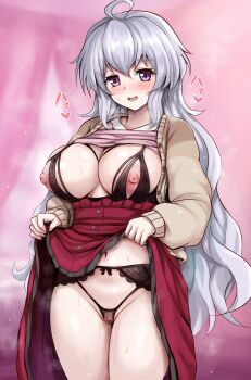 1girl alternate_hairstyle areola_slip blush bra breasts censored clothes_lift cupless_bra embarrassed grey_hair highres lace_trim large_areolae large_breasts long_hair open_mouth pink_eyes presenting r-binon senki_zesshou_symphogear shirt_lift skirt skirt_lift smile solo sweat underwear yukine_chris yukine_chris_(another)