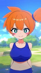 1girl animated asymmetrical_hair audible_music blush breasts ditto gen_1_pokemon gen_4_pokemon green_eyes gym_leader highres kakk_e large_breasts legendary_pokemon misty_(pokemon) nintendo open_mouth orange_hair palkia pointing pokemon pokemon_frlg pokemon_tcg pokemon_tcg_pocket ponytail shirt short_hair side_ponytail smile sound tagme tank_top teeth tongue video