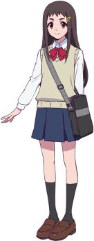 1girl bag brown_eyes brown_hair digimon digimon_beatbreak full_body hair_ornament hairclip long_hair looking_at_viewer official_art school_bag school_uniform shinomiya_hitomi smile solo standing toei_company transparent_background