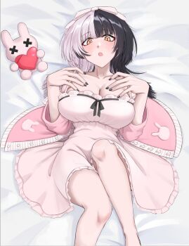1girl absurdres black_hair black_ribbon breasts cleavage dress grey_hair highres hololive hololive_english jacket large_breasts long_hair looking_at_viewer lying mmneko multicolored_hair on_back open_mouth pink_dress pink_jacket ribbon shiori_novella solo split-color_hair stuffed_animal stuffed_rabbit stuffed_toy two-tone_hair virtual_youtuber yellow_eyes
