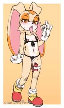 1girl absurdres alternate_costume animal_nose artist_name bare_shoulders bikini bikini_bottom_aside black_bikini blonde_hair blush body_fur border breath cleft_of_venus clothing_aside collarbone controller cream_the_rabbit drooling fellatio_gesture female_focus female_masturbation flat_chest flat_color front-tie_bikini_top front-tie_top full_body furry furry_female ghio50 gloves half-closed_eyes hand_up heel_up highres legs loli looking_at_viewer masturbation multicolored_fur navel nipples object_insertion open_mouth orange_eyes orange_fur outside_border pussy rabbit_ears rabbit_girl rabbit_tail red_shoes remote_control remote_control_vibrator saliva sex_toy shoes short_hair simple_background sketch socks solo sonic_(series) standing steam steaming_body stomach string_bikini sweat swimsuit teeth thigh_strap thighs tongue tongue_out twitter_username uncensored vaginal vaginal_object_insertion vibrator vibrator_cord watermark waving white_border white_fur white_gloves white_socks yellow_background yellow_fur