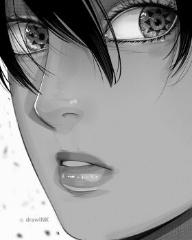 1girl absurdres artist_name boruto:_two_blue_vortex close-up commentary drawink eyelashes greyscale hair_between_eyes highres mangekyou_sharingan monochrome naruto_(series) parted_lips sharingan solo uchiha_sarada