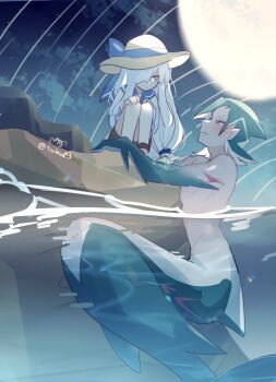 1boy 1other alternate_costume blue_eyes commentary_request cookie_run cookie_run:_kingdom fangs fins fish_tail hair_over_one_eye hat highres humanization long_hair looking_at_another low-tied_long_hair moon night ocean partially_submerged sailor_collar shark_tail skin_fangs sorbet_shark_cookie squatting suikaels sun_hat tail white_hair wizard_cookie