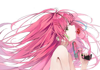 Rule 34 | 1girl, absurdres, commentary request, eyelashes, floating hair, flower, flower in mouth, from side, green eyes, gun, hair ornament, hairclip, hanako nana, hand up, handgun, highres, holding, holding gun, holding weapon, korean commentary, left-handed, long hair, multicolored hair, nonekong, nude, paint splatter, parallel hairclips, pink hair, profile, red flower, simple background, solo, spider lily, stellive, streaked hair, upper body, virtual youtuber, weapon, white background