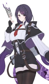 1girl absurdres belt between_fingers black_capelet black_shorts black_survival braid breasts brown_thighhighs capelet chest_harness commentary cowboy_shot eternal_return:_black_survival gadeung_hye gloves gradient_hair hand_up harness high-waist_shorts highres holding hyejin_(black_survival) long_hair long_sleeves looking_at_viewer low_twintails medium_breasts multicolored_hair necktie official_alternate_costume partially_fingerless_gloves purple_eyes purple_hair red_necktie shirt shorts simple_background solo thighhighs twintails v-shaped_eyebrows very_long_hair white_background white_shirt