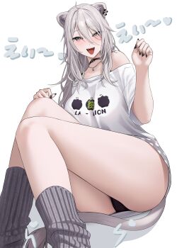 1girl :d absurdres animal_ear_piercing animal_ears black_choker black_panties bra_strap choker commentary_request double-parted_bangs fangs grey_eyes grey_hair grey_socks hair_between_eyes highres hololive jewelry lion_ears lion_girl lion_tail long_hair long_hair_between_eyes looking_at_viewer loose_socks messy_hair necklace official_alternate_costume official_alternate_hairstyle open_mouth panties pantyshot shirt shishiro_botan shishiro_botan_(midnight_convenience_store) sidelocks simple_background single_bare_shoulder single_off_shoulder sitting smile socks solo t-shirt tail underwear virtual_youtuber wanne white_background white_shirt