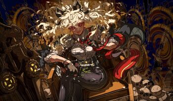 1girl absurdres adjusting_clothes adjusting_necktie artdroiiid_ii black_gloves black_horns black_pants black_tail blonde_hair breasts button_gap can collared_shirt commentary crossed_legs crushed_can curled_horns demon_tail drink_can earrings english_commentary feet_out_of_frame gloves hair_between_eyes high-waist_pants highres holding holding_can horns jewelry key_earrings large_breasts long_hair looking_at_viewer mole mole_under_eye necktie pants red_eyes red_necktie shield shirt shirt_tucked_in sitting skull solo tail white_shirt wuthering_waves zani_(wuthering_waves)