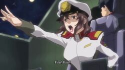 1girl 2boys animated anime_screenshot black_hair bouncing_breasts breasts brown_hair closed_eyes gundam gundam_build_fighters gundam_seed hat hirai_hisashi large_breasts lips lipstick long_sleeves makeup medium_breasts medium_hair military military_uniform multiple_boys murrue_ramius peaked_cap shirt sidelocks sitting sound subtitled tagme video white_headwear white_shirt