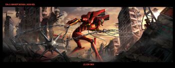 ain_choiwet chain cloud day eva_02 holding_flail mecha mecha_focus morning neon_genesis_evangelion robot ruins scenery shadow silhouette sitting souryuu_asuka_langley sunlight