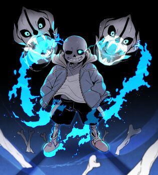 1boy black_shorts blue_fire blue_jacket bone fire full_body gasterblaster glowing glowing_eye grin hands_in_pockets highres hollow_eyes jacket legs_apart looking_at_viewer male_focus miyama_rio open_clothes open_jacket pink_slippers sans_(undertale) shirt shorts skeleton slippers smile socks solo teeth undertale utdr_(toby_fox) white_shirt white_socks