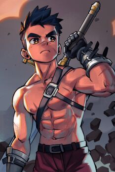1boy abs belt belt_buckle black_hair buckle closed_eyes cowboy_shot gloves highres male_focus nipples original pectorals scar scar_on_face scar_on_nose short_hair solo sword thick_eyebrows toned toned_male topless_male weapon weapon_on_back xireeeeee