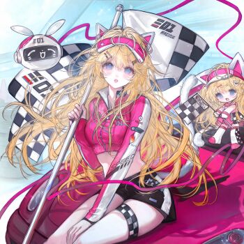 1girl animal_ears between_legs black_shorts blonde_hair blue_eyes breasts cat_ears checkered_flag chibi crop_top cropped_jacket fake_animal_ears flag goggles hair_ornament hairclip highres holding holding_flag jacket long_hair long_sleeves looking_at_viewer medium_breasts midriff motor_vehicle original parted_lips shirt short_shorts shorts sitting solo tail thigh_strap thighs very_long_hair visor_cap wuyu16