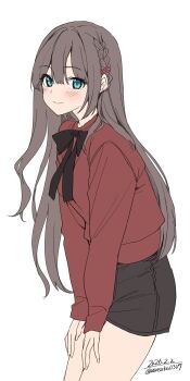 1girl absurdres black_bow black_shorts blue_eyes blush bow braid breasts brown_hair closed_eyes hair_ornament hairclip highres long_hair long_sleeves looking_at_viewer original red_shirt shirt shorts simple_background skirt smile solo unasaka_ryou white_background white_shirt