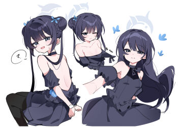 1girl bare_shoulders black_dress black_hair black_pantyhose blue_archive blush bound bound_wrists braid braided_bun breasts butterfly_hair_ornament chaum closed_mouth clothes_pull collarbone commentary detached_sleeves double_bun dress grey_eyes grey_halo hair_bun hair_ornament halo highres kisaki_(blue_archive) kisaki_(dress)_(blue_archive) long_hair looking_at_viewer multiple_views one_eye_closed open_mouth pantyhose simple_background small_breasts smile twintails white_background