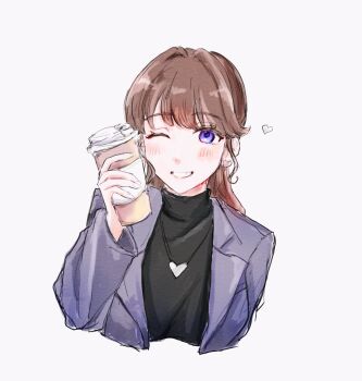 Rule 34 | 1girl, ;d, black sweater, brown hair, commentary, cropped torso, cup, disposable coffee cup, disposable cup, earrings, fujishima megumi, fujishima megumi (post-graduation), grey jacket, grin, heart, heart earrings, heart necklace, highres, holding, holding cup, jacket, jewelry, link! like! love live!, long hair, looking at viewer, love live!, necklace, official alternate costume, one eye closed, open clothes, open jacket, open mouth, ponytail, purple eyes, simple background, smile, solo, suit jacket, sweater, turtleneck, turtleneck sweater, virtual youtuber, white background, yam5565