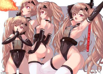 1girl absurdres armpits arms_up ass black_choker black_gloves border breasts breath_weapon breathing_fire brown_eyes brown_hair choker covered_navel elbow_gloves fire fishnet_leotard fishnets gloves goddess_of_victory:_nikke grey_background headband highres holding holding_baton inugressive kuji-in leotard long_hair looking_at_viewer miranda_(nikke) multiple_views ninja one_eye_closed outside_border pouch shuriken_hair_ornament sideways_glance small_breasts thighhighs traffic_baton twintails very_long_hair weapon white_border white_thighhighs