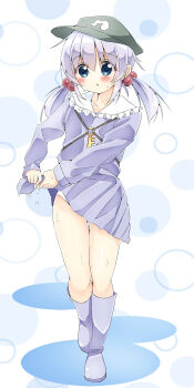 1girl blue_boots blue_eyes blue_hair blue_shirt blue_skirt blush boots collared_shirt commentary_request flat_cap frilled_shirt_collar frills full_body green_hat hair_bobbles hair_ornament hat highres kawashiro_nitori key long_sleeves looking_at_viewer panties shirt shishiky skirt solo touhou two_side_up underwear wet wet_clothes white_panties wringing_clothes