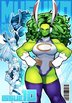 4girls absurdres animal_ears avengers_(series) big_hair boku_no_hero_academia colored_skin comic_cover commentary cosplay crescent_print cropped_legs english_commentary fur_collar gloves green_eyes green_hair green_skin hands_on_own_hips heattech_leotard highres holding holding_sword holding_weapon leotard long_hair magik_(x-men) marvel mirko mirko_(cosplay) multiple_girls muscular muscular_arms muscular_female print_leotard rabbit_ears rabbit_tail red_she-hulk rogue_(x-men) serious she-hulk sleeveless sleeveless_turtleneck smile sonchapo standing superhero_costume sword tail thighhighs turtleneck weapon white_gloves white_leotard x-men