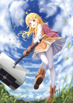 :d absurdres ahoge artist_name backpack bag blonde_hair blush boots brown_boots brown_mittens brown_skirt brown_vest cloud clover_hair_ornament commentary_request dated emily_brown fluno four-leaf_clover_hair_ornament frilled_skirt frills full_body hair_ornament hammer highres holding holding_hammer level_1_dakedo_unique_skill_de_saikyou_desu long_sleeves looking_at_viewer medium_hair mittens neck_ribbon open_mouth outdoors pantyhose red_bag red_ribbon ribbon shirt skirt sky smile standing standing_on_one_leg vest war_hammer weapon white_pantyhose white_shirt white_skirt yellow_eyes