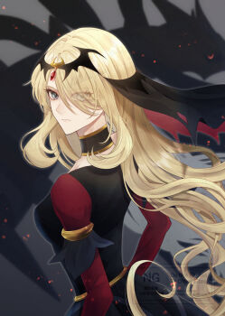 1girl black_choker black_dress black_veil blonde_hair breasts choker closed_mouth cynthia_(pokemon) cynthia_(sygna_suit)_(renegade)_(pokemon) dress gen_4_pokemon giratina giratina_(origin) grey_eyes hair_ornament hair_over_one_eye highres legendary_pokemon long_hair long_sleeves looking_at_viewer nintendo official_alternate_color official_alternate_costume pokemon pokemon_(creature) pokemon_masters_ex red_sleeves sakaralalala silhouette tiara upper_body veil very_long_hair