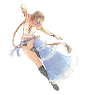 1girl black_boots black_shorts blue_skirt boots breasts brown_hair center_opening cleavage commentary crop_top earrings english_commentary final_fantasy final_fantasy_x final_fantasy_x-2 full_body highres hood hood_down jewelry knee_boots lace-up_boots looking_to_the_side papermint_tea pink_hood short_shorts shorts showgirl_skirt simple_background skirt solo white_background yuna_(ff10)