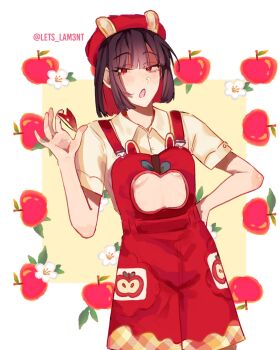 1girl animal_ears apple apple_rabbit apple_slice beret black_hair blush bob_cut breasts clothing_cutout collared_shirt colored_inner_hair commentary english_commentary floral_background flower food food_art fruit fruit_background hand_on_own_hip hat highres holding holding_food holding_fruit lets_lam3nt limbus_company looking_at_viewer multicolored_hair open_mouth overalls project_moon rabbit_ears red_eyes red_hair red_overalls ryoshu_(project_moon) shirt short_hair short_sleeves simple_background small_breasts solo stomach_cutout twitter_username two-tone_hair white_background white_flower white_shirt yellow_background