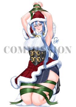 Rule 34 | 1girl, black corset, blue hair, boots, bound, bound wrists, breasts, closed mouth, commentary, commission, corset, cosplay, dapx, eiyuu densetsu, english commentary, final fantasy, final fantasy vii, fur trim, hat, high heel boots, high heels, highres, kneeling, large breasts, laura s. arseid, long hair, long single sidelock, looking at viewer, santa hat, sen no kiseki, sen no kiseki (series), sen no kiseki iii, signature, single sidelock, sleeveless, sleeveless sweater, smile, solo, sweater, tifa lockhart, watermark
