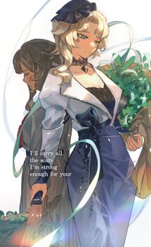 2girls acorn_pendant aged_down back-to-back black_hat blonde_hair blue_sailor_collar blue_skirt bouquet closed_eyes commentary crying dress druvis_iii english_commentary english_text flower half-closed_eyes hat highres holding holding_another's_wrist holding_bouquet juliet_sleeves jutyonduty long_skirt long_sleeves mistletoe multiple_girls neckerchief profile puffy_sleeves red_neckerchief reverse:1999 sailor_collar shirt short_hair skirt smile streaming_tears tears time_paradox white_background white_dress white_shirt