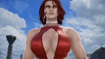 1girl 20s 3d aine_(original) animated animated_gif bandai bouncing bouncing_breasts breasts cleavage cleavage_cutout clothing_cutout cloud cloudy_sky collar earrings female_focus green_eyes jewelry large_breasts leotard looping_animation mountain multicolored_leotard namco original outdoors red_hair red_leotard ruins short_hair sky sleeveless solo soul_calibur soulcalibur soulcalibur_vi staring third-party_edit upper_body walking white_leotard